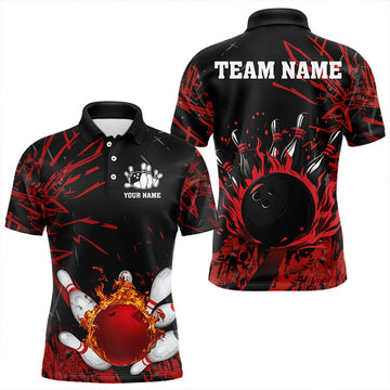 Maxcorners Black And Red Flame Bowling Polo Shirts For Men And Women Custom Team Mens Bowling Jersey