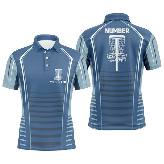 Maxcorners Mens disc golf polo shirts custom blue pattern disc golf basket, personalized disc golf outfit MT0510