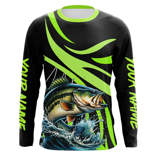 Maxcorners Personalized Largemouth Bass Long Sleeve Fishing Shirts, Bass Tournament Fishing Jerseys | Green MT2108