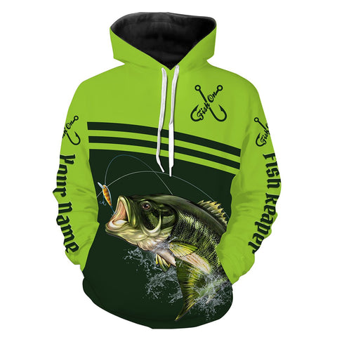 Maxcorners Customized Name Largemouth Bass Fishing Fish Reaper Green 3D Hoodie