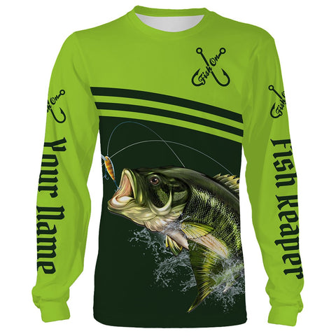 Maxcorners Customized Name Largemouth Bass Fishing Fish Reaper Green 3D Hoodie