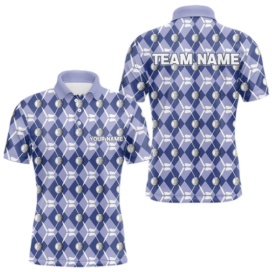 Maxcorners Mens golf polo shirts custom blue argyle plaid pattern golf attire for men, golfer gifts MT2108