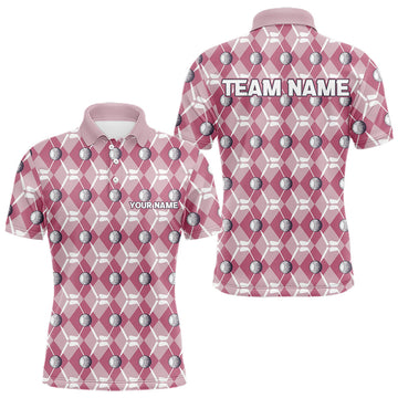 Maxcorners Mens golf polo shirts custom pink argyle plaid pattern golf attire for men, golfer gifts MT2108