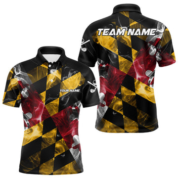 Maxcorners Smoke Maryland Flag Black Golf Polo shirts for Men Custom patriotic Team Mens Golf Outfit