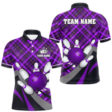 Maxcorners Purple Plaid pattern Bowling shirts For Men Custom Team Bowling Jersey Xmas Gift For Bowlers LM1203