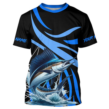 Maxcorners Personalized Sailfish Long Sleeve Fishing Shirts, Sailfish Tournament Fishing Jerseys | Blue MT2108