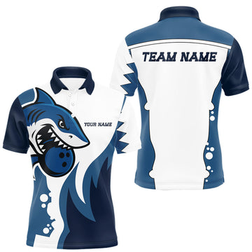 Maxcorners White and Blue Shark Bowling Polo, Quarter Zip shirts for men custom shark bowling team jerseys
