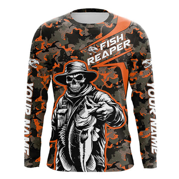 Maxcorners Custom Fish Reaper Skull Bass Long Sleeve Fishing Shirt, Bass Hunter Fishing Jerseys | Orange Camo LM0201