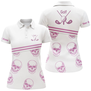 Max Corners Pink Golf Skull Pattern White Customized Name 3D Golf Polo Shirt For Women