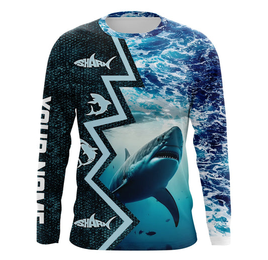 Maxcorners Shark Fishing Custom blue sea wave camo long sleeve performance Fishing Shirt, shark fishing jerseys LM2408