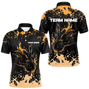 Maxcorners Personalized Black and Orange Bowling Shirts For Men, Bowling Balls And Pins Bowling Team Shirts LM1903