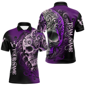 Maxcorners Purple and Black Skull Scroll Men Bowling Polo, Quarter Zip Shirts Custom Skull Team bowling Jersey LM2603