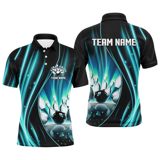 Maxcorners Cyan Blue And Black Light Polo, Quarter Zip Shirts Custom Bowling Team Jerseys, Gift For Bowlers
