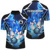 Maxcorners Blue Flame Bowling Ball and Pins Bowling Polo, Quarter Zip Shirts for Men Custom Bowling Team jersey
