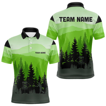 Maxcorners Green pattern forest Mens Disc golf polo shirts Custom team disc golf jerseys for menMT0306