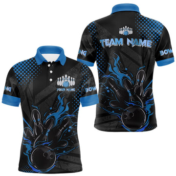 Maxcorners Personalized Black and Blue Flame Bowling Polo, 1/4 Zip Shirts For Men, Custom bowling Team Jerseys LM1903