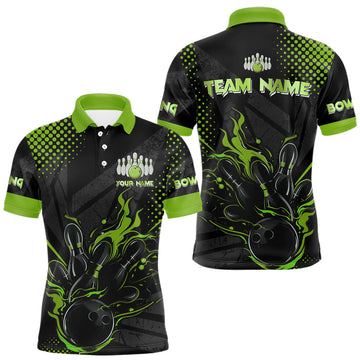 Maxcorners Personalized Black and Green Flame Bowling Polo, 1/4 Zip Shirts For Men, Custom bowling Team Jerseys LM1903