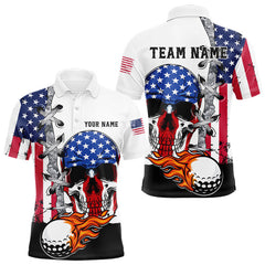 Maxcorners American Flag Skull Flame Golf Ball Mens Golf Polo shirts Custom Patriotic golf attire for men