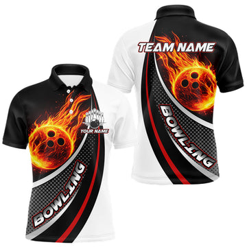 Maxcorners Personalized Black & White Red Flame Bowling Polo, 1/4 zip Team Shirts For Men, Gifts For Bowlers