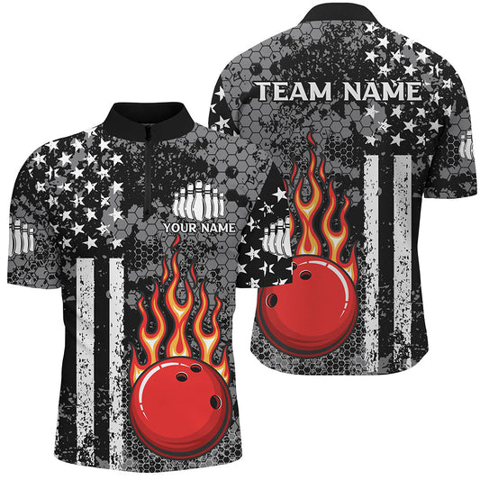 Maxcorners Black And White American Flag Flame Bowling Polo Shirt For Men Custom Bowling Team Jersey