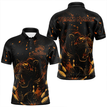 Maxcorners Personalized Black and Orange Tiger Bowling Team Polo, 1/4 Zip Shirts For Men, Tiger Bowling Jerseys LM0412