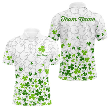 Maxcorners Custom Green shamrock pattern White Camo Bowling shirts for men, St Patrick's day team bowling shirts