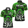 Maxcorners Bowling Ball And Pins Green Smoke Skull Customized Name, Team Name 3D Polo Shirt