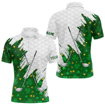 Maxcorners Green clover pattern St Patrick's day custom white Mens golf polo shirts, team mens golf tops LM0901