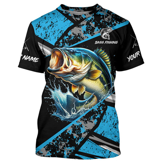 Maxcorners Largemouth Bass fishing Blue camo Long Sleeve Performance Fishing Shirt custom Bass fishing jerseys MT2108
