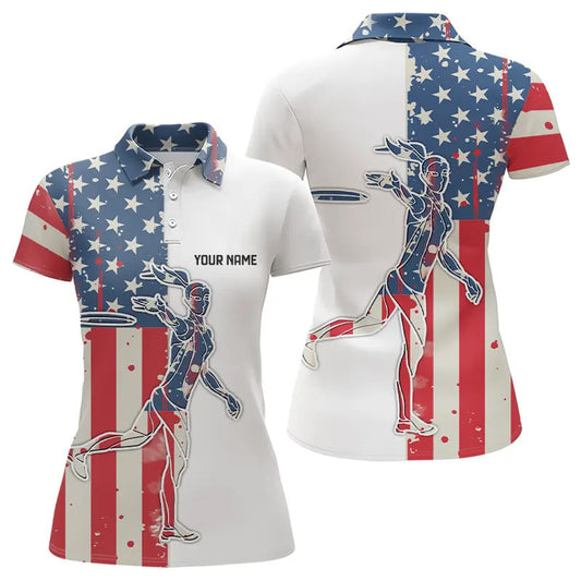 Maxcorners Vintage American Flag Mens Disc Golf Polo Shirts Custom Name Patriotic Frisbee Golf Jerseys