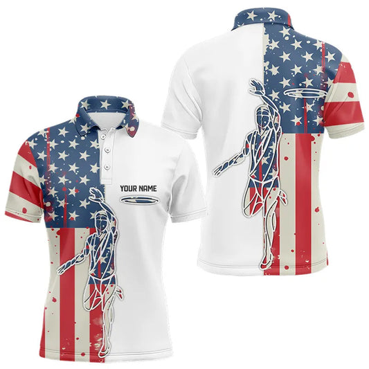 Maxcorners Vintage American Flag Mens Disc Golf Polo Shirts Custom Name Patriotic Frisbee Golf Jerseys