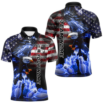 Maxcorners Smoke American Flag Eagle Blue Flame Bowling Shirts for Men Custom patriotic Team Bowling jerseys LM2603