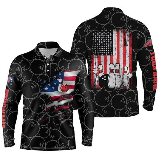 Maxcorners Black Bowling Vintage American Flag Customized Name And Team Name 3D Shirt