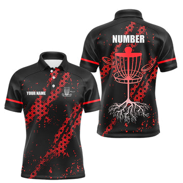 Maxcorners Black and Red Hexagon Pattern Disc Golf Polos, T-Shirt, Hoodies custom Team disc golf jerseys