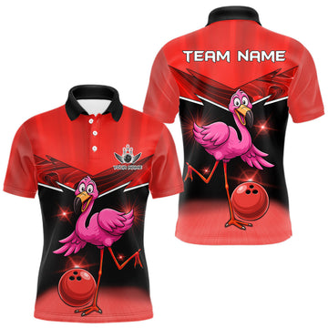 Maxcorners Funny Pink Flamingo Bowling Polo, 1/4 zip shirts for Men Custom Flamingo Team bowling outfit | Red