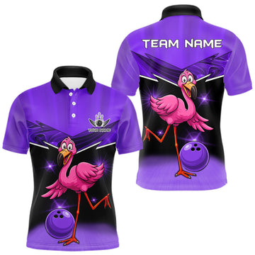 Maxcorners Funny Pink Flamingo Bowling Polo, 1/4 zip shirts for Men Custom Flamingo Team bowling outfit | Purple