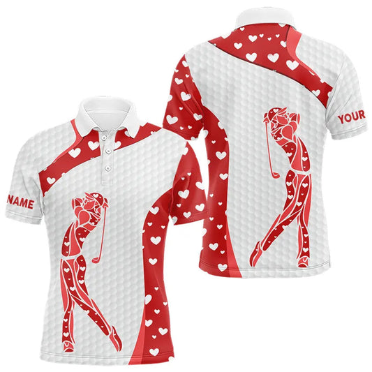 Maxcorners Personalized Red Hearts pattern golf white Mens golf polo shirts custom name Valentine golf gifts