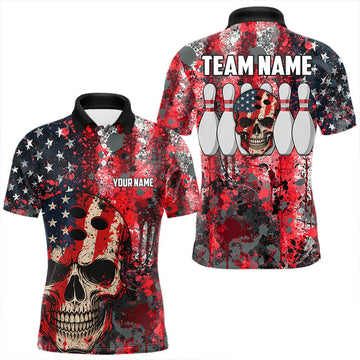 Maxcorners Red, White & Blue American Flag Skull Bowling shirts For Men Custom patriotic Team Bowling Jersey
