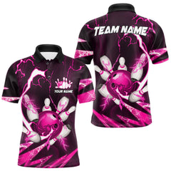 Maxcorners Pink Thunder Lightning bowling ball and pins jerseys Custom Team Bowling Polo, 1/4 Zip Shirts For Men TU1612