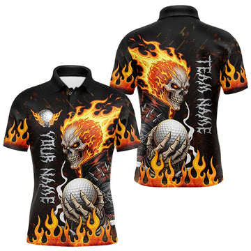 Maxcorners Custom Orange Flame Skull Golf Polo Shirts For Men, Team Mens Golf Tees Cool Golf Gifts LM1104
