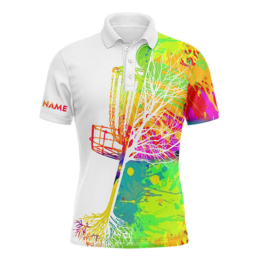 Maxcorners Mens disc golf polo shirt custom name watercolor disc golf basket, personalized disc golf shirts MT0510