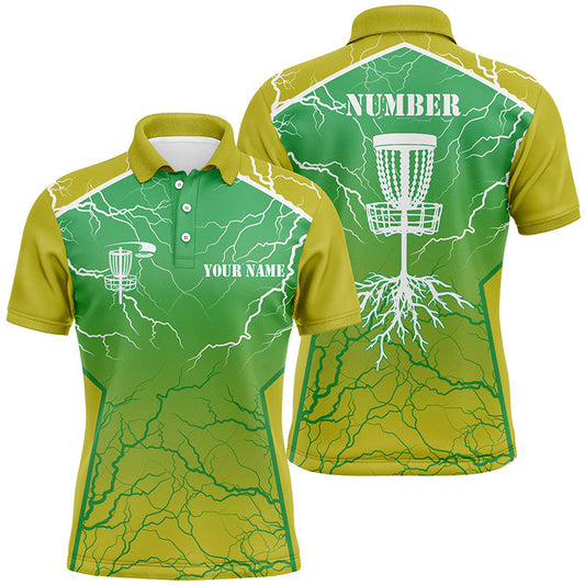 Maxcorners Yellow green Mens Disc golf polo shirt lightning thunder custom disc golf jerseys, disc golf shirt MT0510