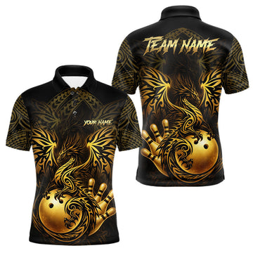 Maxcorners Custom Black And Gold tribal Dragon Bowling Shirts For Men, Dragon Bowling Team Shirts Uniform LM2201