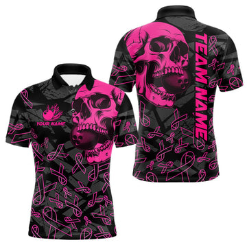 Maxcorners Black Skull camo pink ribbons pattern breast cancer bowling shirt for men custom bowling team jerseys