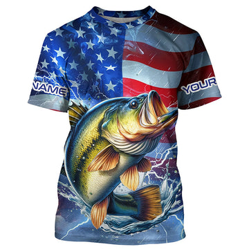 Maxcorners Largemouth Bass fishing American flag Long Sleeve Fishing Shirt custom Lightning Bass fishing jersey MT2108