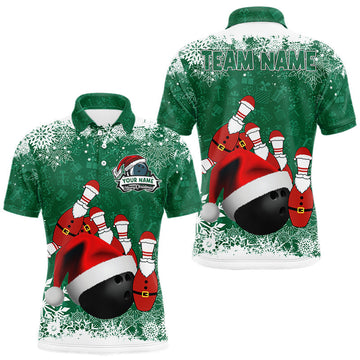 Maxcorners Mens bowling shirts Custom Funny Christmas snowflake Santa Bowling Ball pins Team Jersey | Green