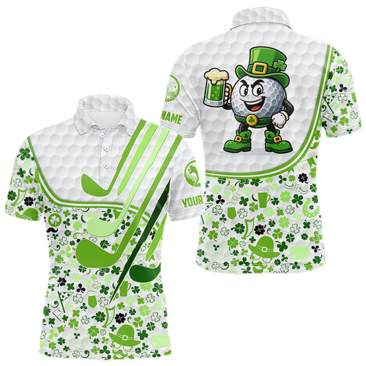 Maxcorners Personalized Funny Golf beer Green clover pattern golf clubs St Patrick's Day golf polo shirt for men