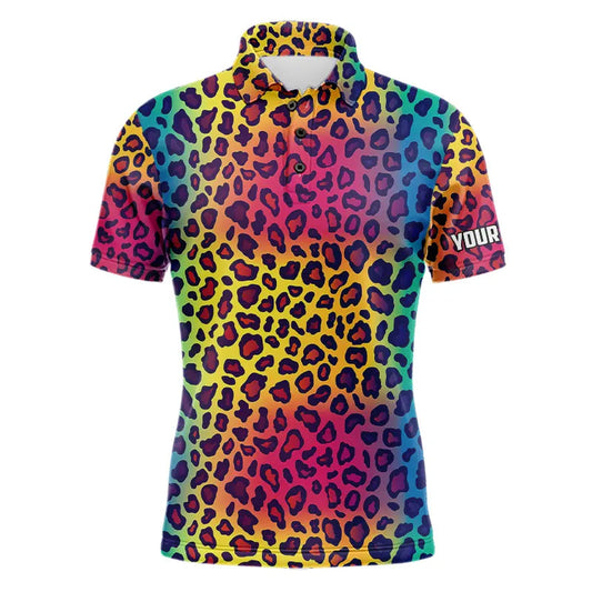 Maxcorners Colorful Rainbow leopard pattern Mens golf polos shirts custom golf attire for Mens