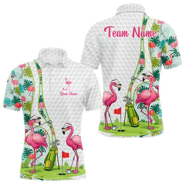 Maxcorners Funny Pink Flamingo Golf polo shirt for men custom tropical monstera leaf pattern golf shirts