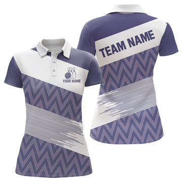 Maxcorners Purple And White Camo Bowling Polo, Quarter Zip Shirt For Women Custom Bowling Team Jersey Outfit